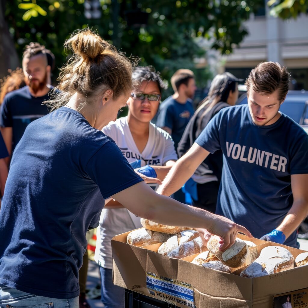 group people are buying bread from food truck